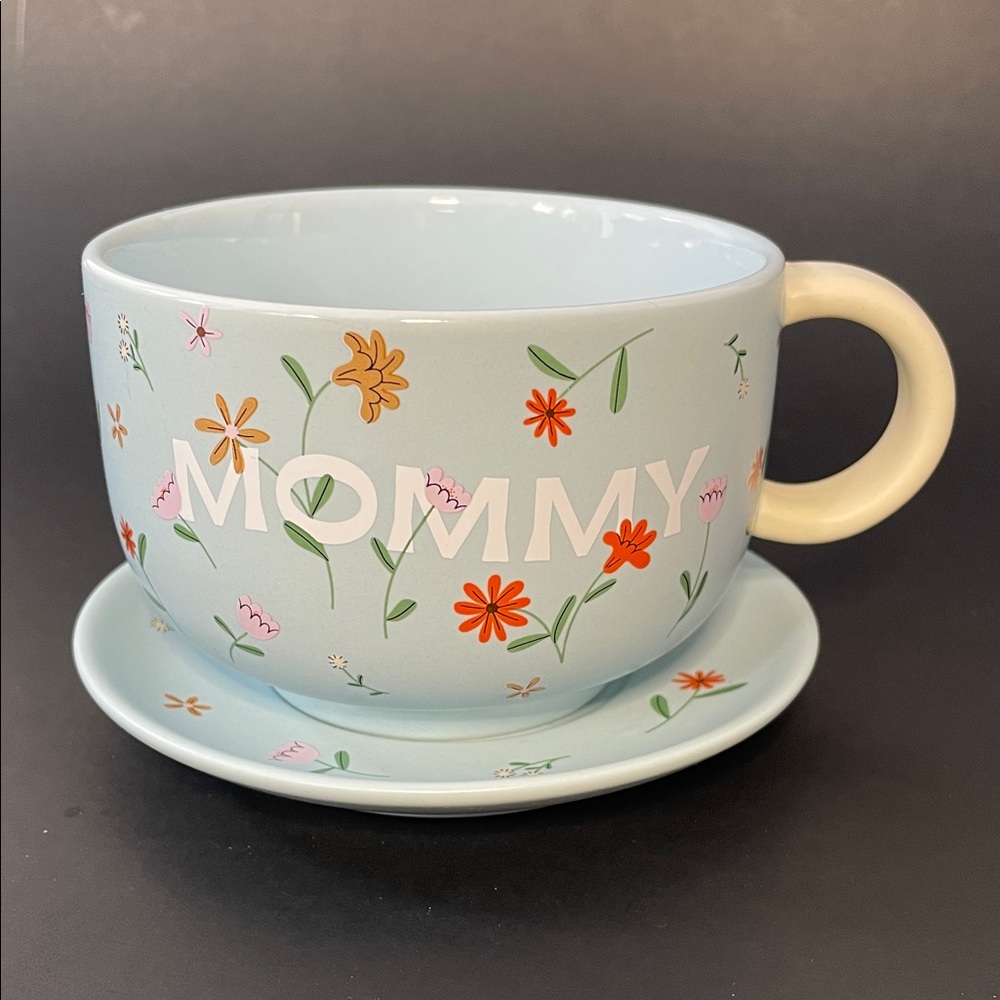INDIGO Mommy Floral Soft Blue Mug & Saucer Set Cottagecore Family Coastal Whimsi